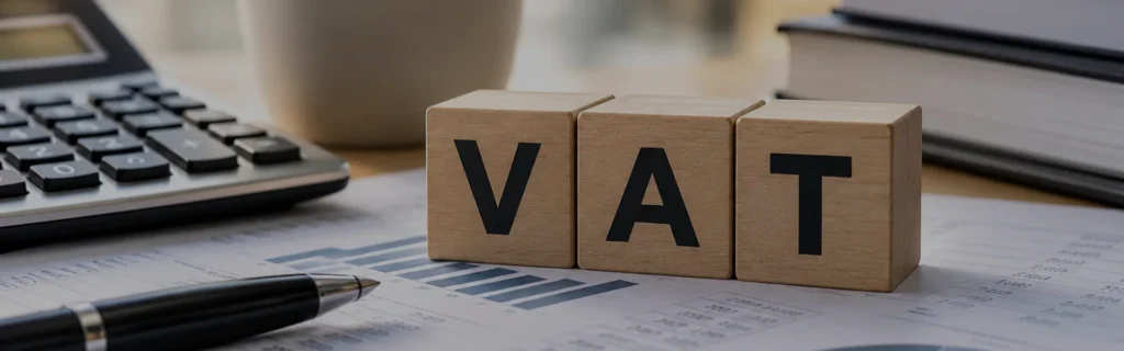 Business owner reviewing VAT registration and Turnover Tax options with financial documents.