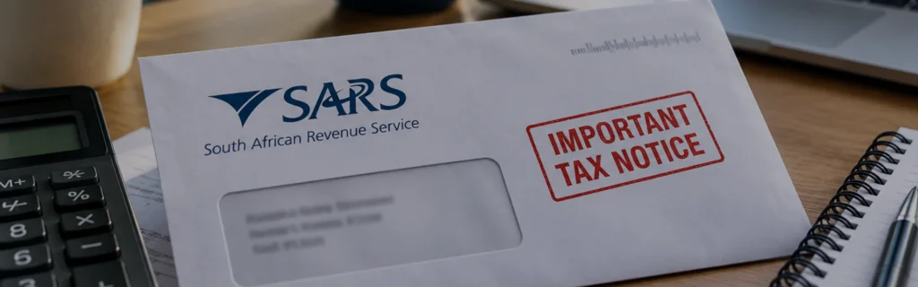 Business professional reviewing SARS correspondence and tax assessment documents.